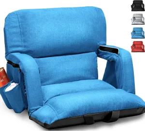 Wide Stadium Seats with Back Support, Exclusive Sofa Style Design Extra Thick Bleacher Chairs with Back and Cushion, 6 Reclining Positions - Ultimate Comfort for Sports Events (Blue, 25")