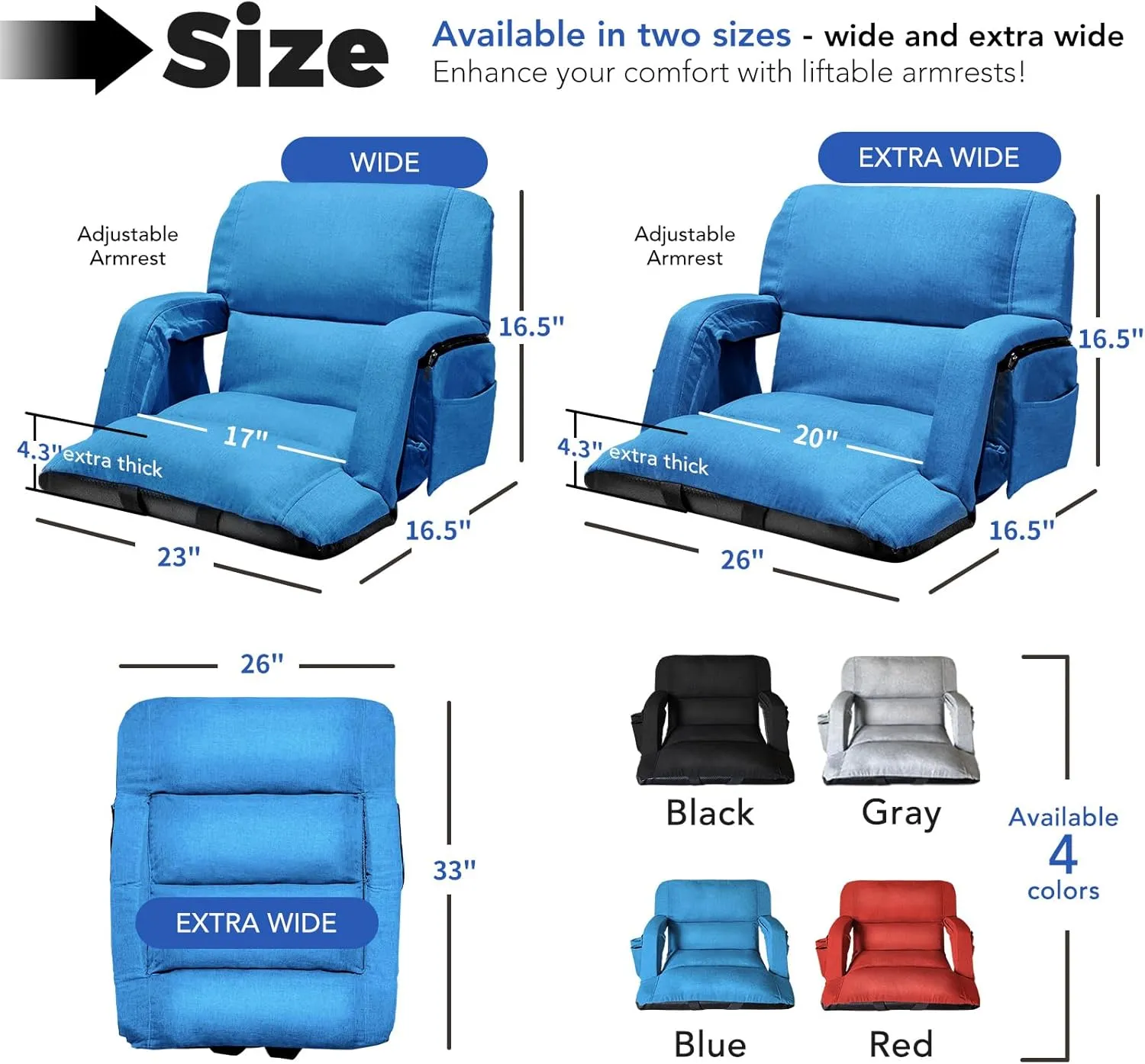 Wide Stadium Seats with Back Support, Exclusive Sofa Style Design Extra Thick Bleacher Chairs with Back and Cushion, 6 Reclining Positions - Ultimate Comfort for Sports Events (Blue, 25")