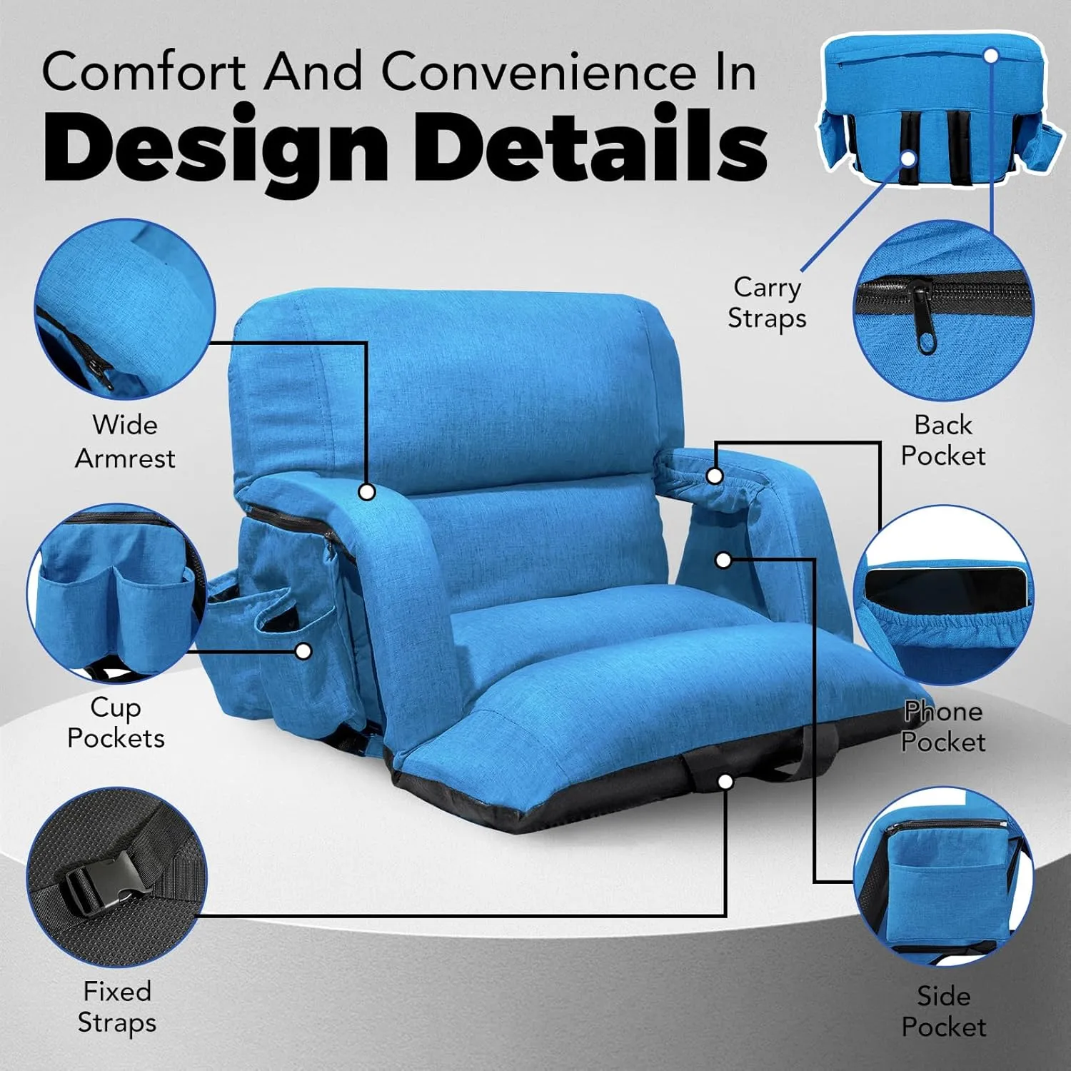 Wide Stadium Seats with Back Support, Exclusive Sofa Style Design Extra Thick Bleacher Chairs with Back and Cushion, 6 Reclining Positions - Ultimate Comfort for Sports Events (Blue, 25")