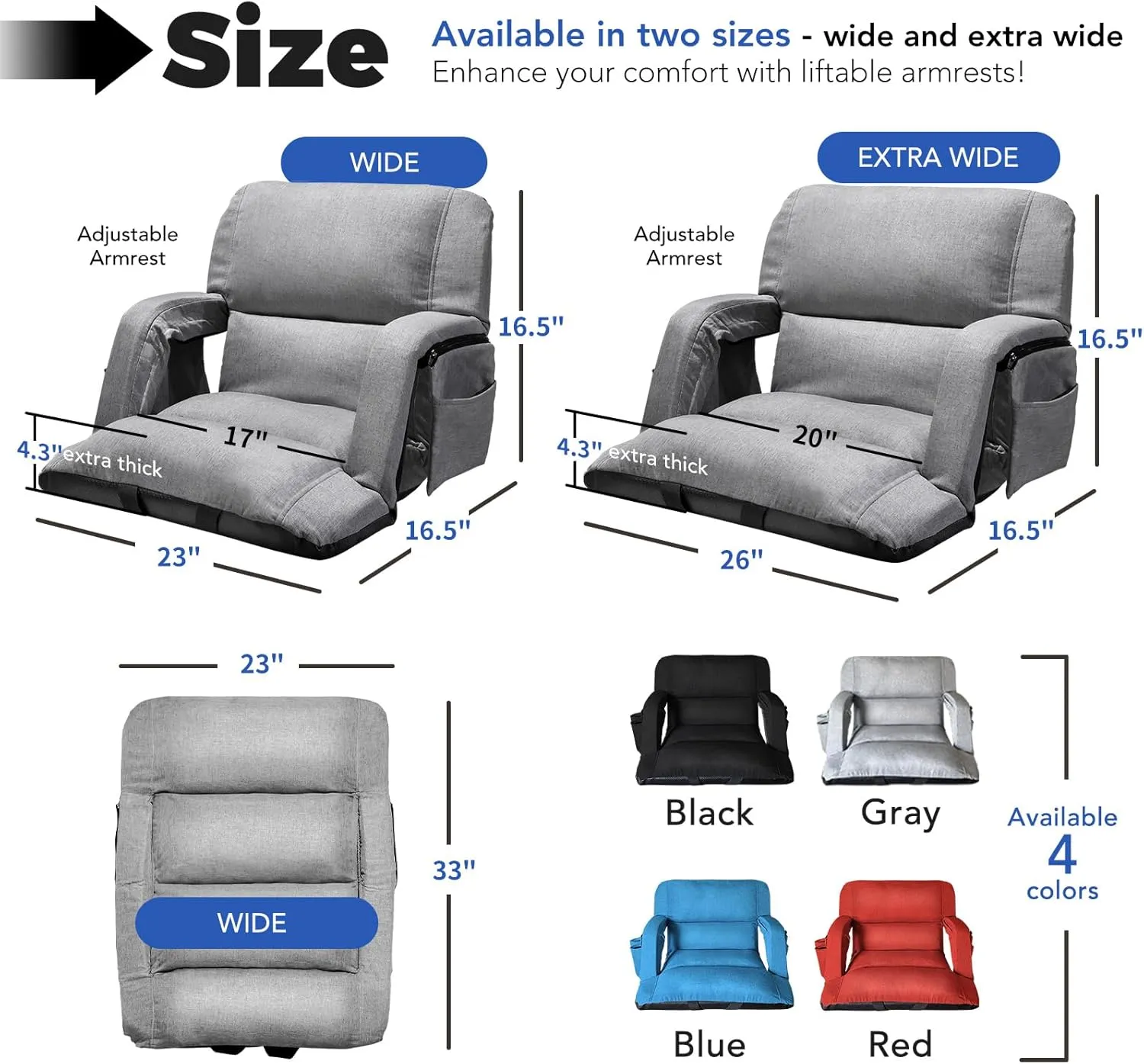 Wide Stadium Seats with Back Support, Exclusive Sofa Style Design Extra Thick Bleacher Chairs with Back and Cushion, 6 Reclining Positions - Ultimate Comfort for Sports Events (Grey, 22.5")