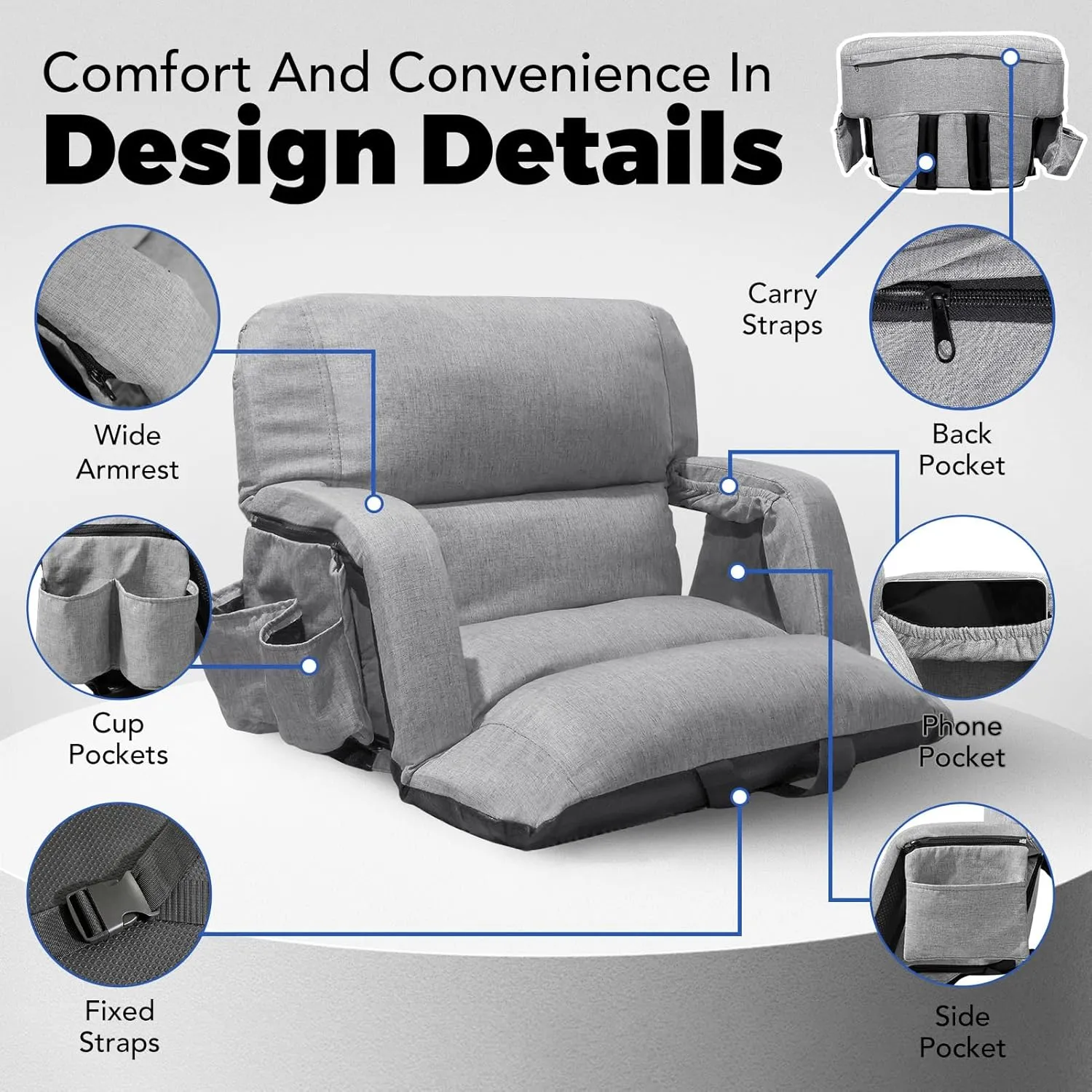 Wide Stadium Seats with Back Support, Exclusive Sofa Style Design Extra Thick Bleacher Chairs with Back and Cushion, 6 Reclining Positions - Ultimate Comfort for Sports Events (Grey, 22.5")
