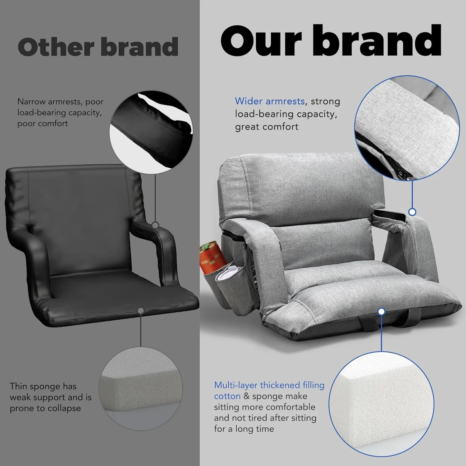 Wide Stadium Seats with Back Support, Exclusive Sofa Style Design Extra Thick Bleacher Chairs with Back and Cushion, 6 Reclining Positions - Ultimate Comfort for Sports Events (Grey, 22.5")