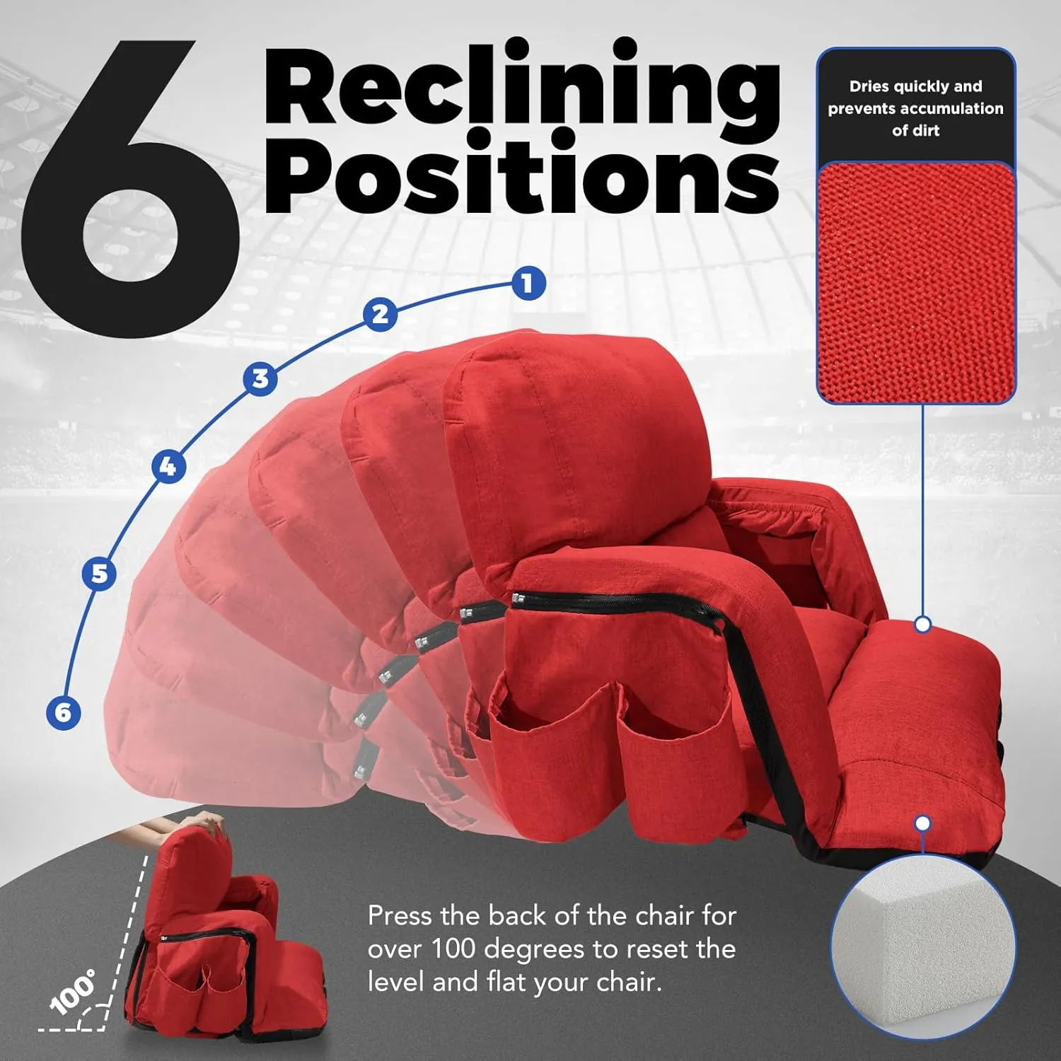 Wide Stadium Seats with Back Support, Exclusive Sofa Style Design Extra Thick Bleacher Chairs with Back and Cushion, 6 Reclining Positions - Ultimate Comfort for Sports Events (Red, 22.5")