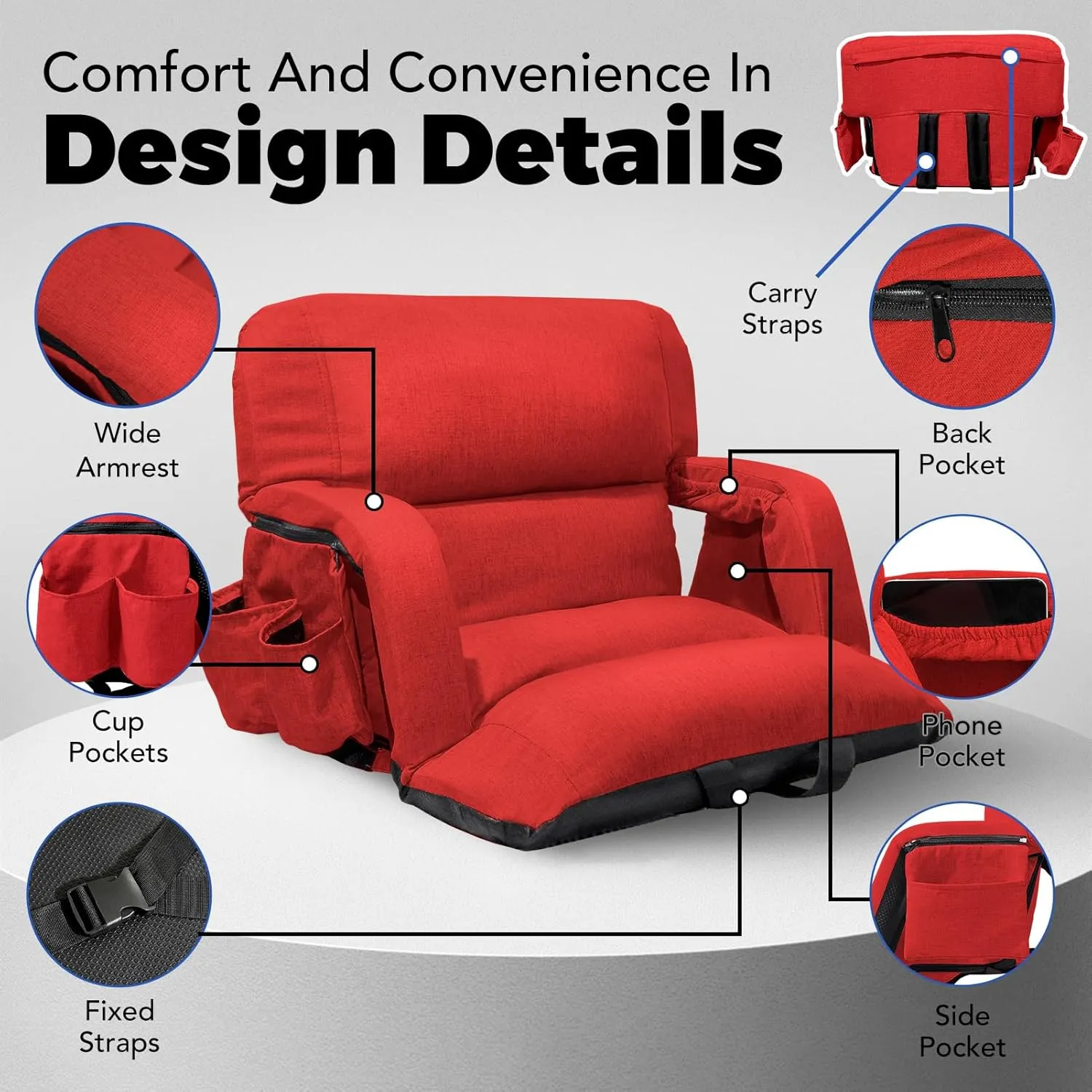 Wide Stadium Seats with Back Support, Exclusive Sofa Style Design Extra Thick Bleacher Chairs with Back and Cushion, 6 Reclining Positions - Ultimate Comfort for Sports Events (Red, 22.5")