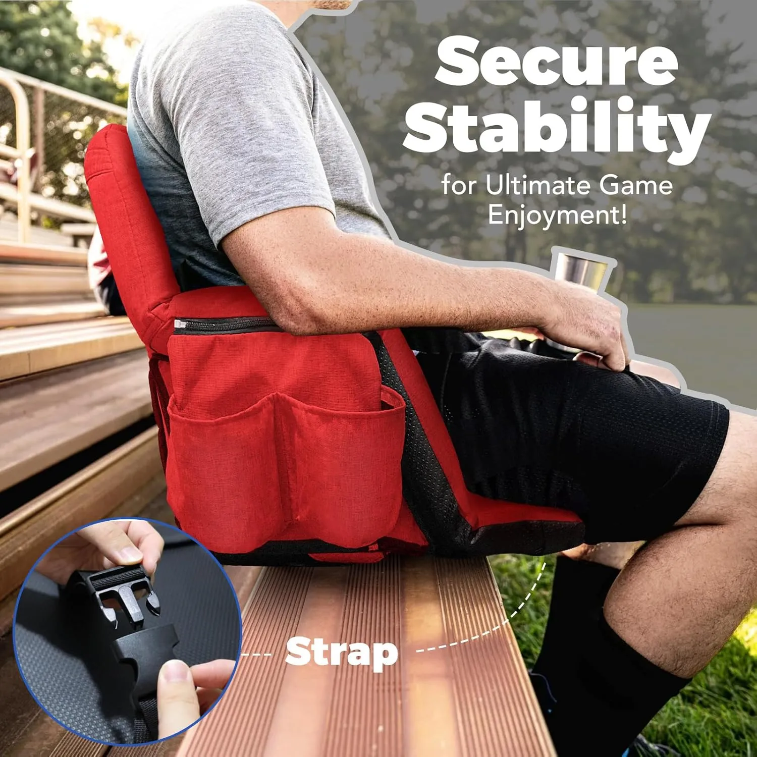 Wide Stadium Seats with Back Support, Exclusive Sofa Style Design Extra Thick Bleacher Chairs with Back and Cushion, 6 Reclining Positions - Ultimate Comfort for Sports Events (Red, 22.5")