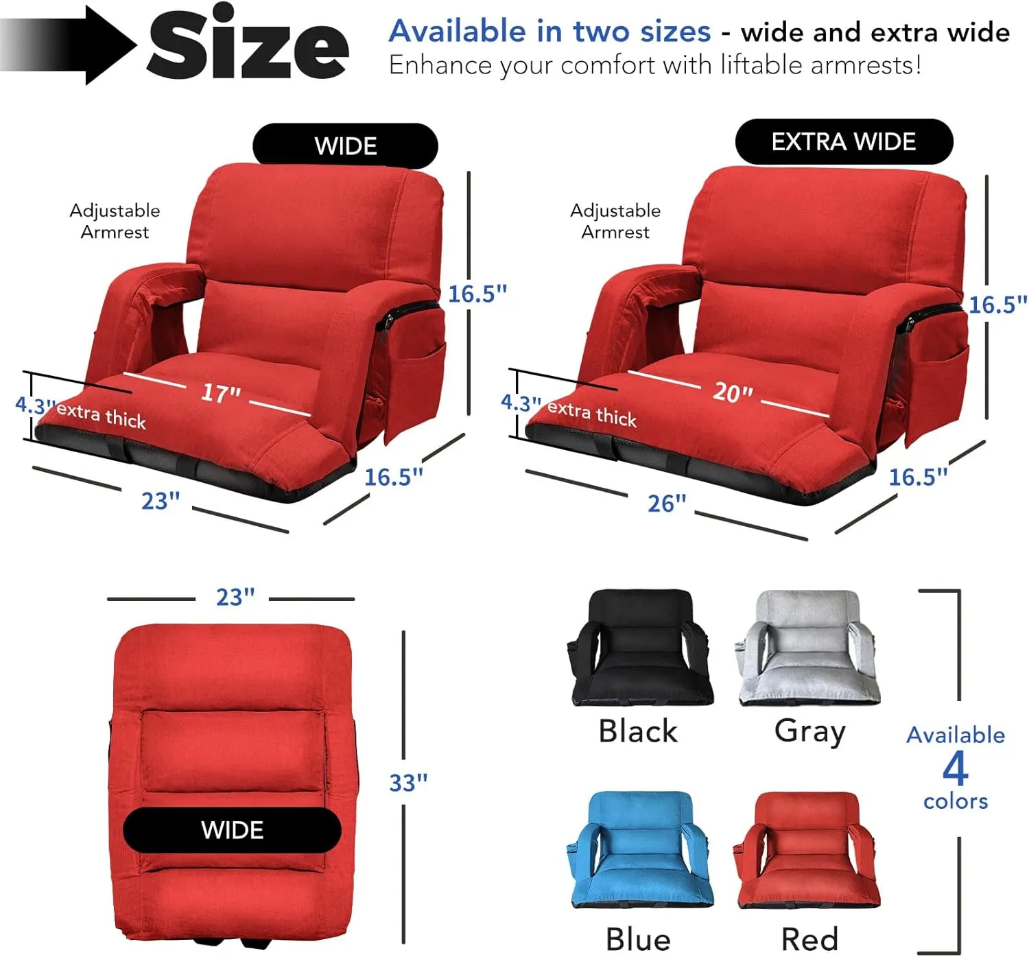 Wide Stadium Seats with Back Support, Exclusive Sofa Style Design Extra Thick Bleacher Chairs with Back and Cushion, 6 Reclining Positions - Ultimate Comfort for Sports Events (Red, 22.5")