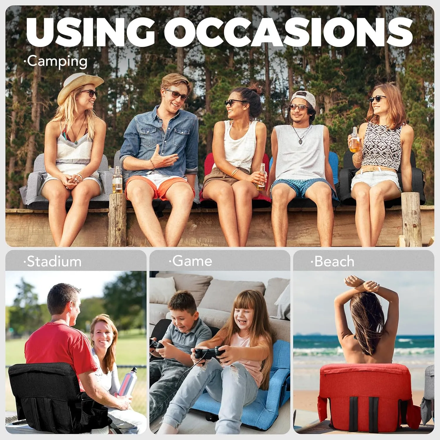 Wide Stadium Seats with Back Support, Exclusive Sofa Style Design Extra Thick Bleacher Chairs with Back and Cushion, 6 Reclining Positions - Ultimate Comfort for Sports Events (Red, 25")