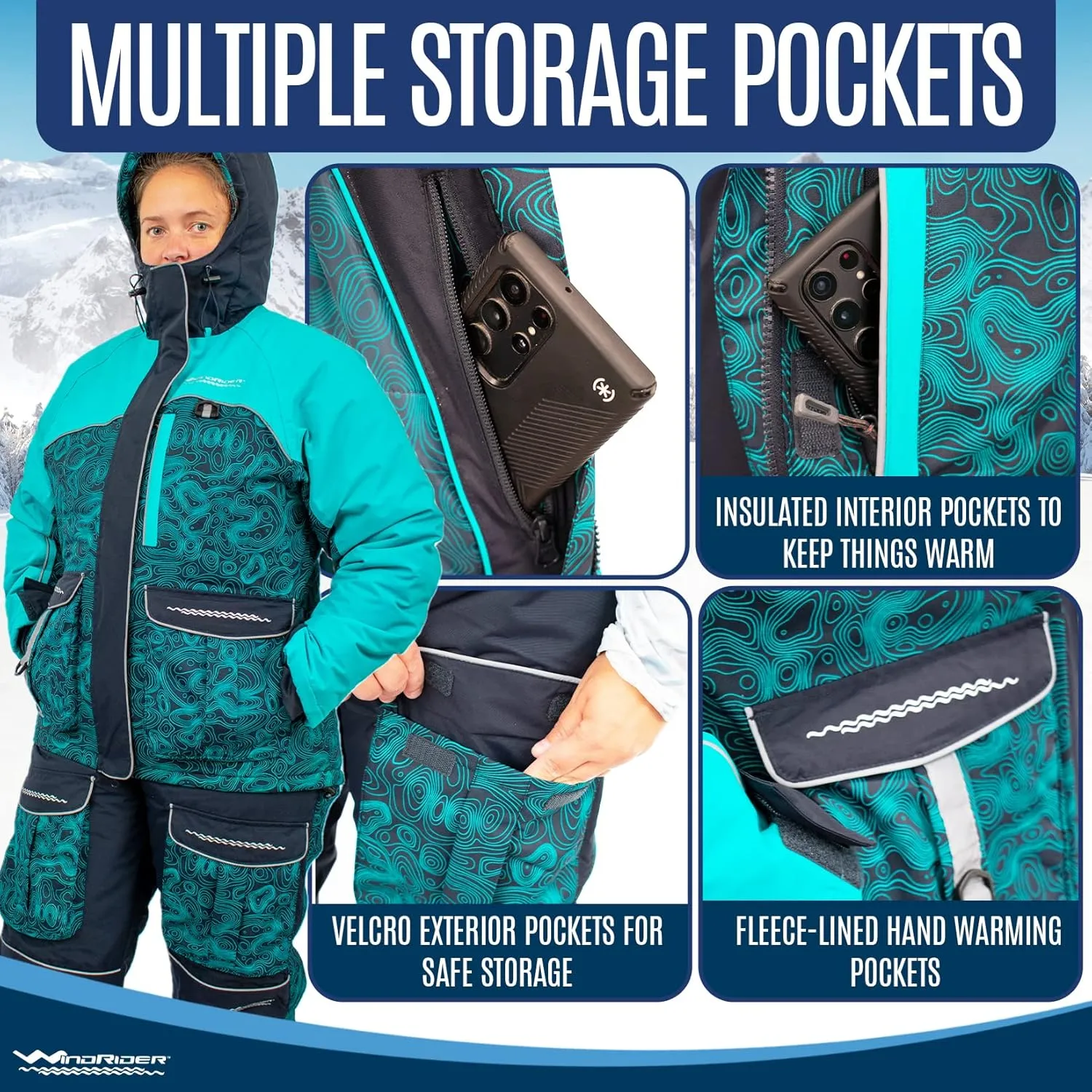 WindRider Warm Unisex Ice Fishing Suit Insulated Waterproof Bibs and Jacket overall for men and women cold Weather Activities
