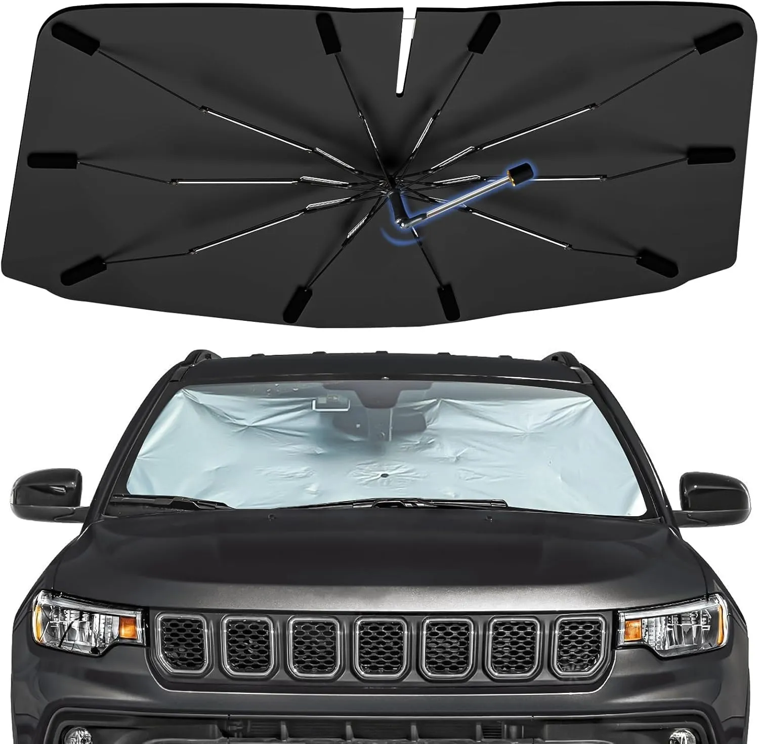 Windshield Sun Shade Umbrella for Jeep Compass 2017-2025, Foldable Car Sunshade for Front Window, Highly Reflective Auto Sun Shield Visor for UV Protection, Keep Car Cool Accessories