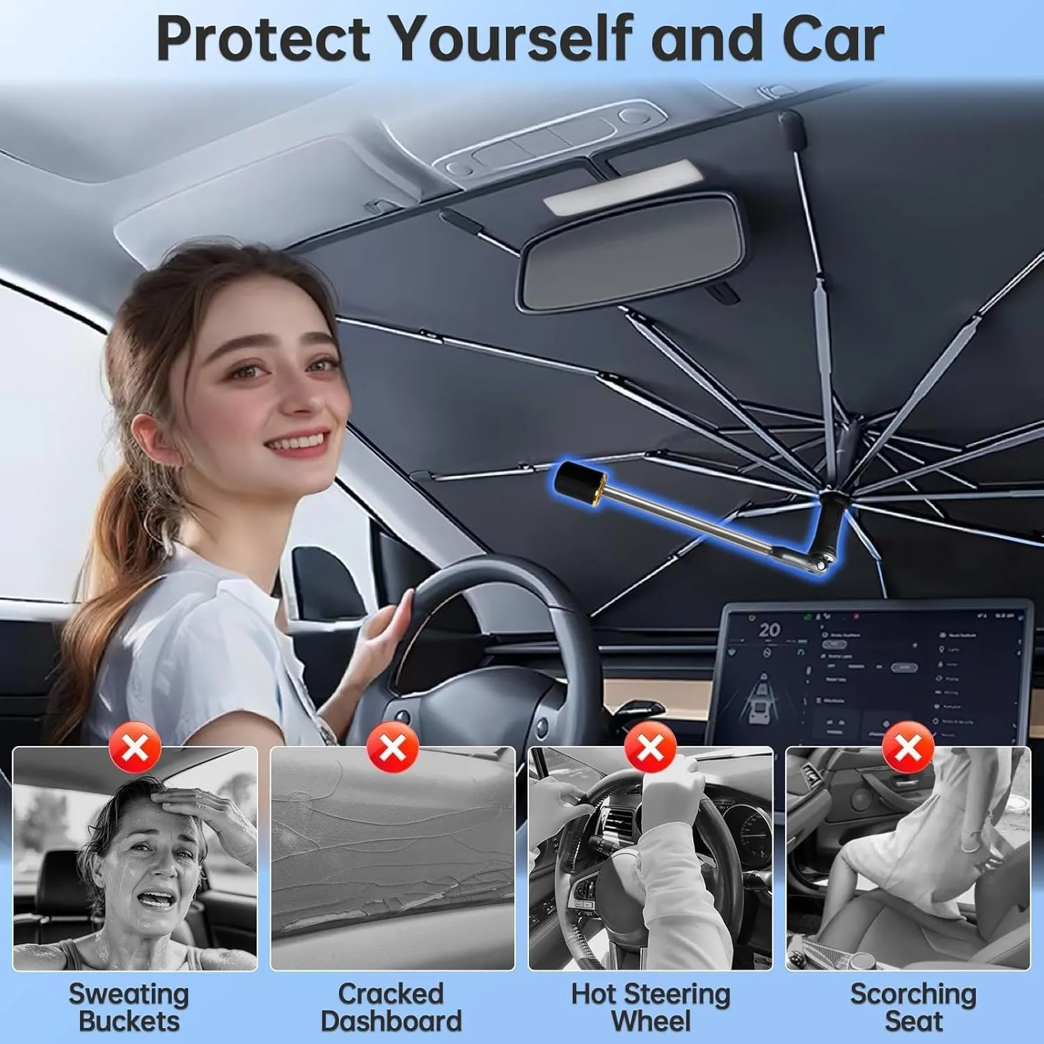 Windshield Sun Shade Umbrella for Jeep Compass 2017-2025, Foldable Car Sunshade for Front Window, Highly Reflective Auto Sun Shield Visor for UV Protection, Keep Car Cool Accessories