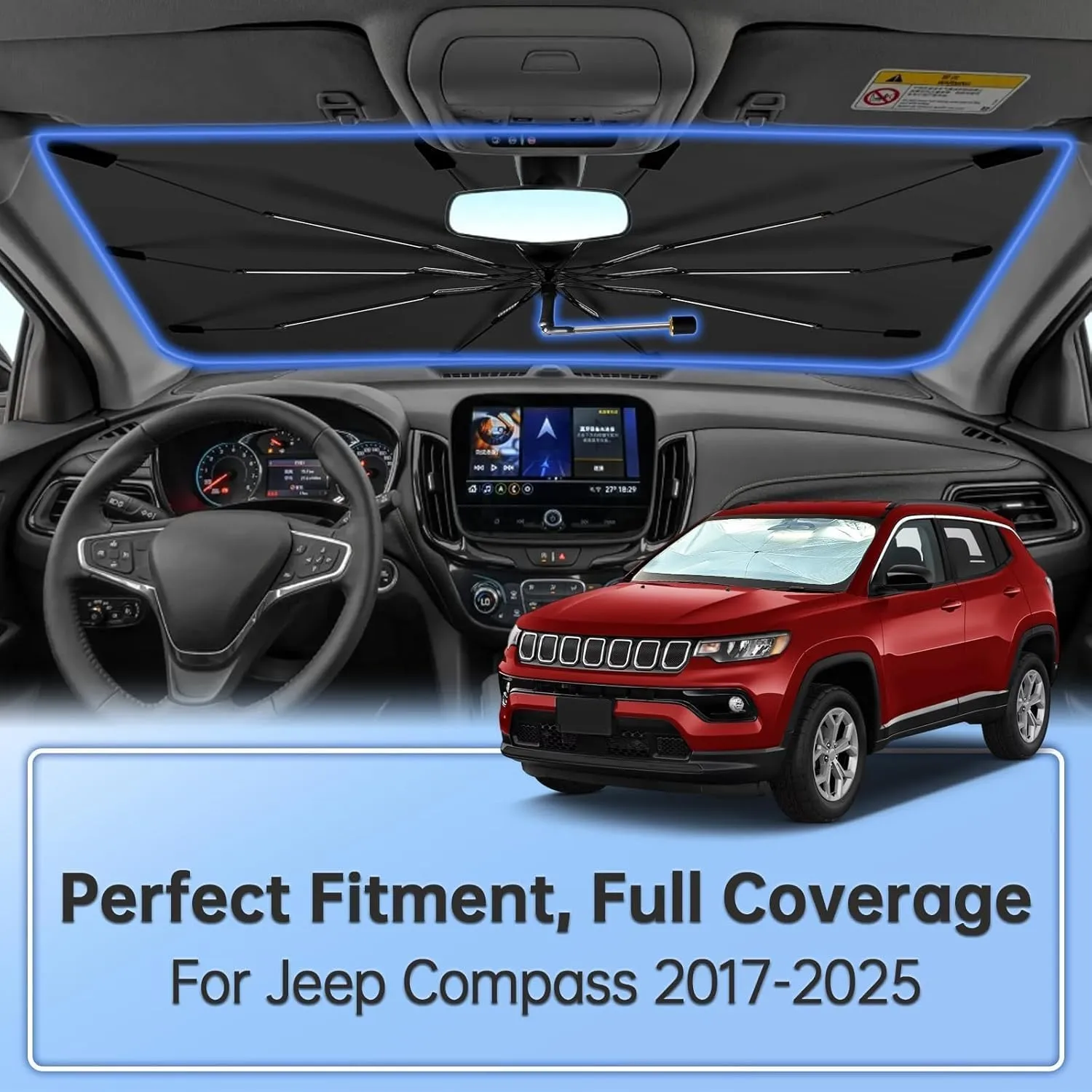 Windshield Sun Shade Umbrella for Jeep Compass 2017-2025, Foldable Car Sunshade for Front Window, Highly Reflective Auto Sun Shield Visor for UV Protection, Keep Car Cool Accessories
