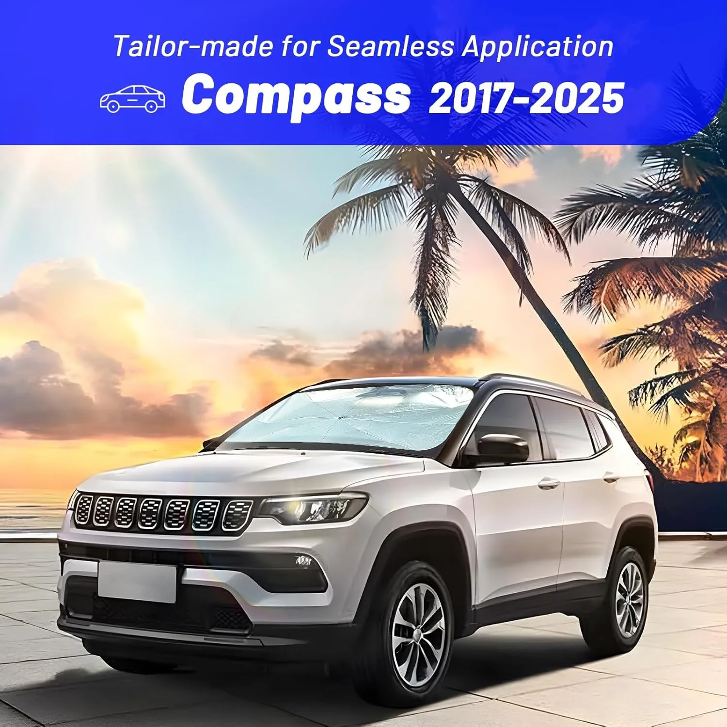Windshield Sun Shade Umbrella for Jeep Compass 2017-2025, Foldable Car Sunshade for Front Windows with 360° Rotating Shaft, Custom fit Compass Sun Visor Shield for UV Blocking and Heat Insulation