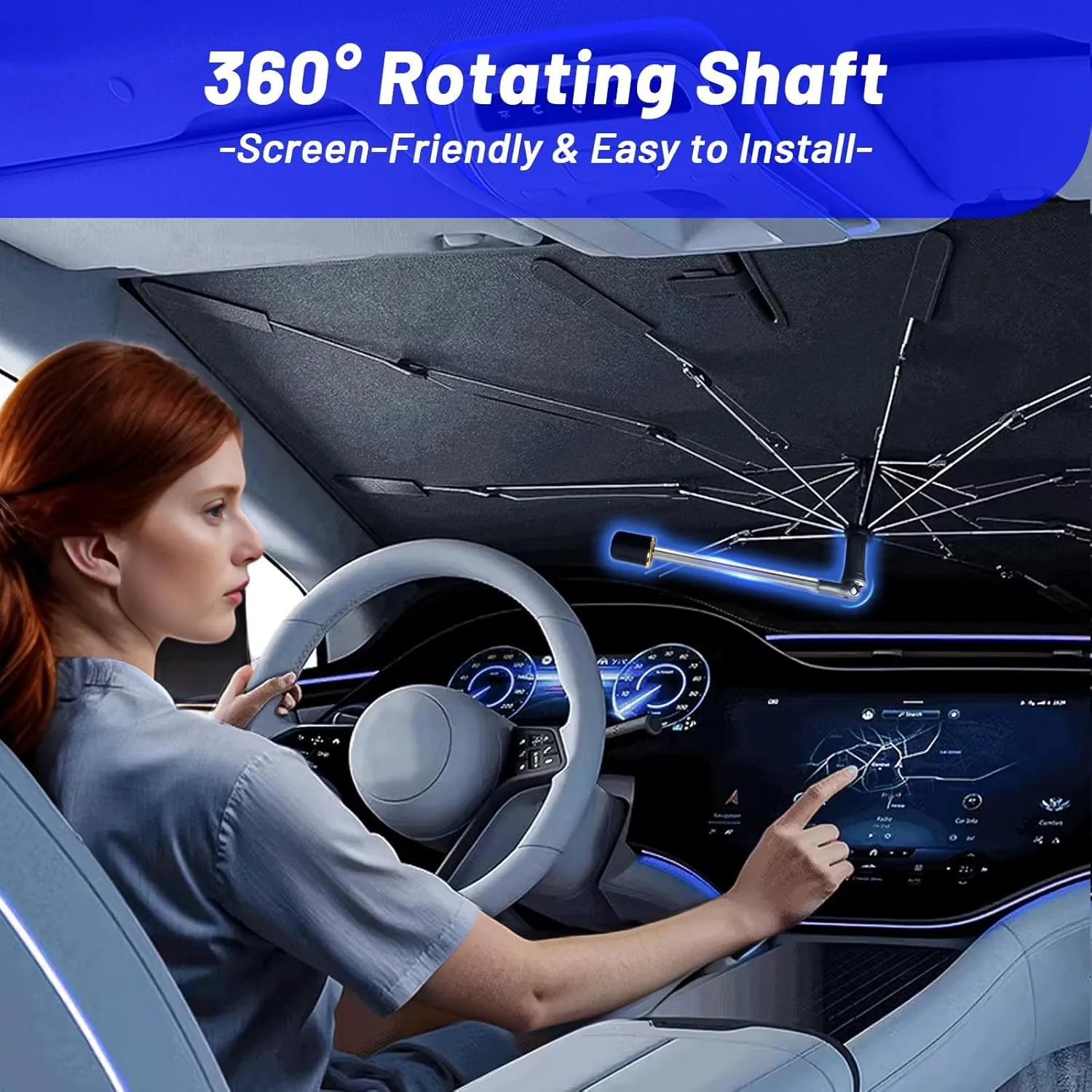 Windshield Sun Shade Umbrella for Jeep Compass 2017-2025, Foldable Car Sunshade for Front Windows with 360° Rotating Shaft, Custom fit Compass Sun Visor Shield for UV Blocking and Heat Insulation