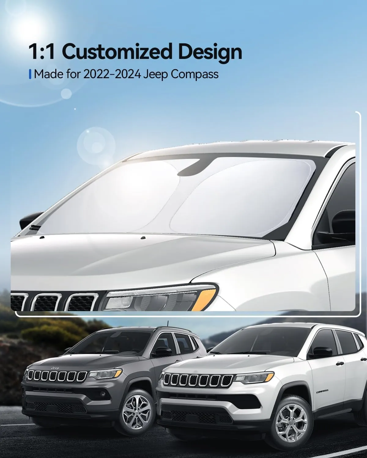 Windshield Sunshade for 2022 2023 2024 Jeep Compass Accessories Foldable Sun Shield Block UV Rays with Dual-Silver Coating& Nano Ice Crystal Cooling Keeps Car Interior Cool& Protected