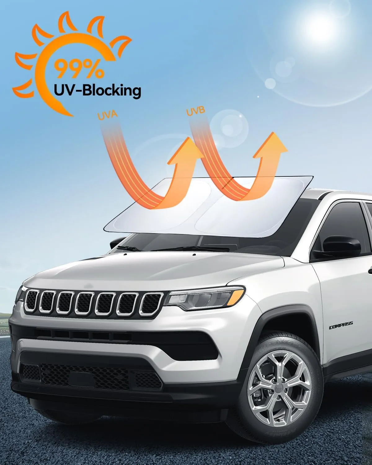 Windshield Sunshade for 2022 2023 2024 Jeep Compass Accessories Foldable Sun Shield Block UV Rays with Dual-Silver Coating& Nano Ice Crystal Cooling Keeps Car Interior Cool& Protected