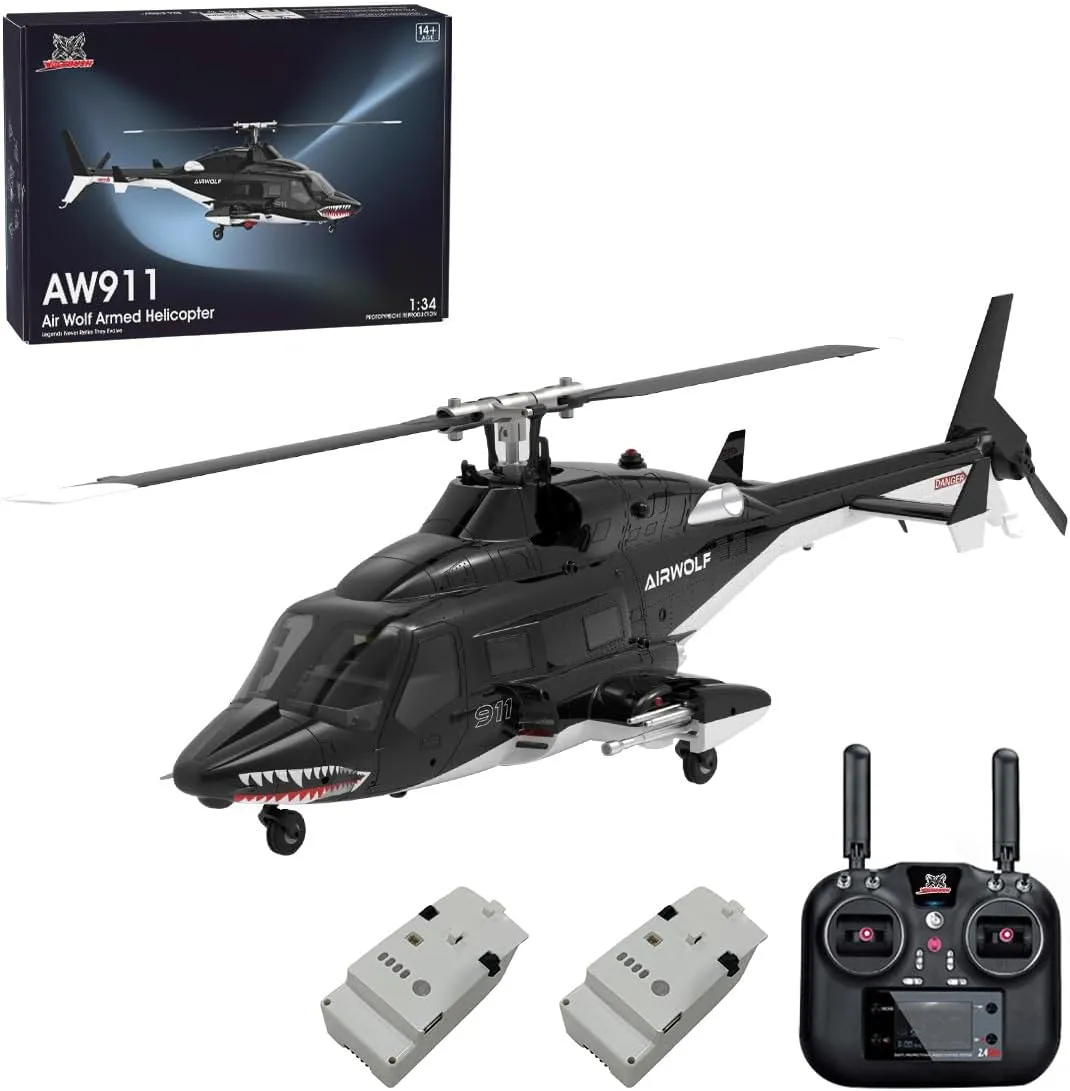 WOLFBUSH AW-911 Air-Wolf RC Helicopter, 1/34 Scale 2.4G 9CH Flybarless RC Helicopter Model with 6G/3D Stunt Mode and GPS Flight Control System, Aircraft for Beginners(RTF Version)