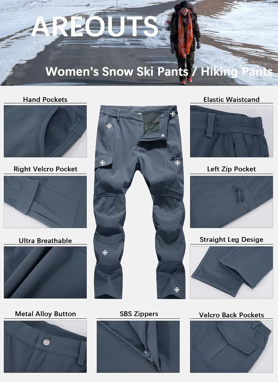 Women's Snow Ski Pants Fleece Lined Waterproof Softshell Insulated Winter Outdoor Hiking Cargo Pants