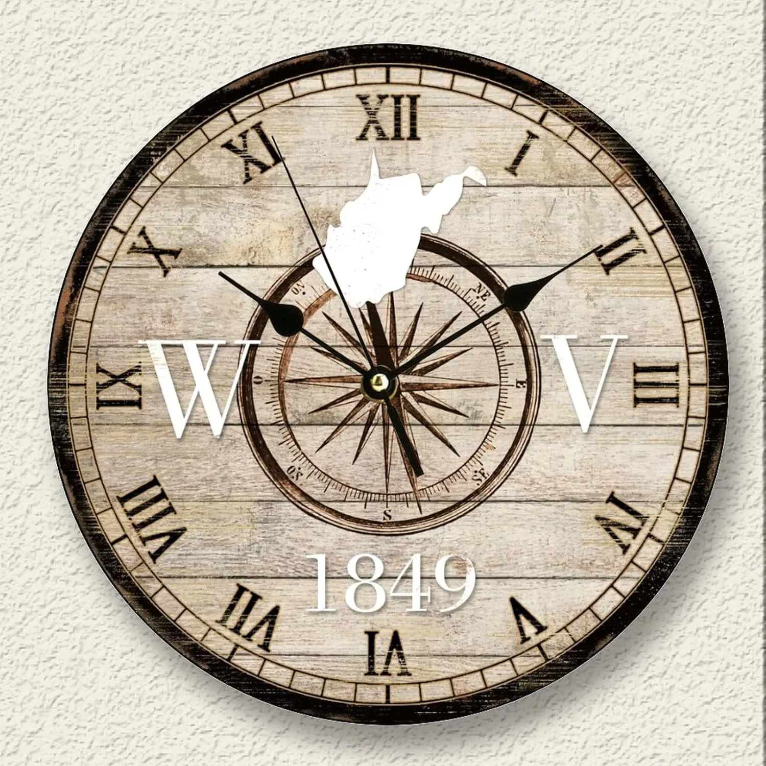 Wooden Wall Clock Earth Geography Clock Battery Operated Silent Non Ticking Wood Clocks Compass West Virginia Silhouette Roman Number Explorer Beach Themed Clock Bathroom Decor