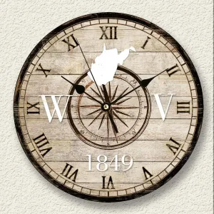 Wooden Wall Clock Earth Geography Clock Battery Operated Silent Non Ticking Wood Clocks Compass West Virginia Silhouette Roman Number Explorer Beach Themed Clock Bathroom Decor