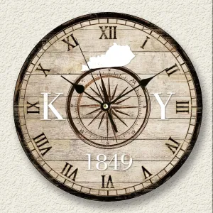 Wooden Wall Clock Shabby Style Clock Battery Operated Silent Non Ticking Wood Clocks Compass Kentucky Silhouette Roman Number Explorer Beach Themed Clock Bathroom Decor