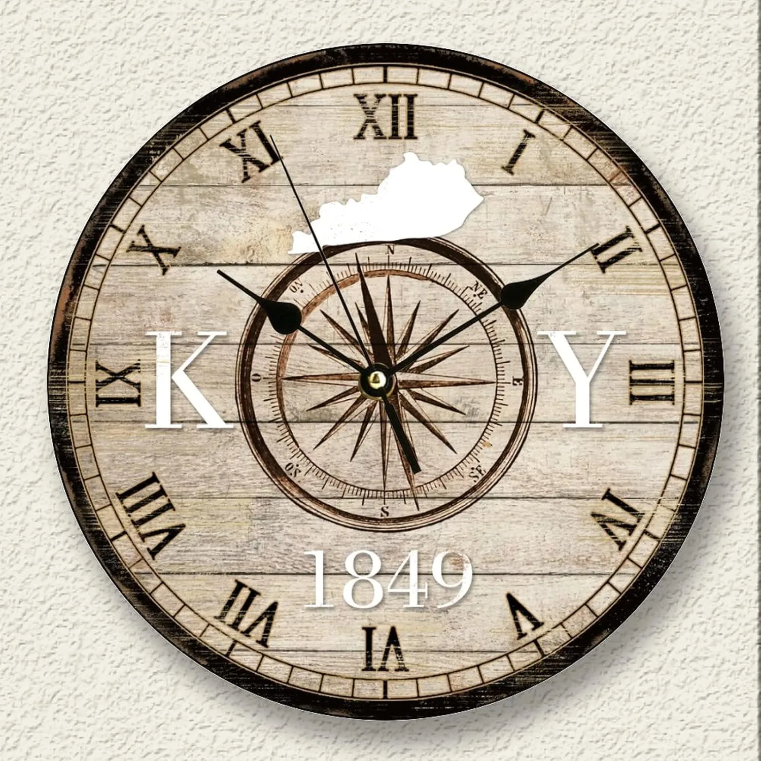 Wooden Wall Clock Shabby Style Clock Battery Operated Silent Non Ticking Wood Clocks Compass Kentucky Silhouette Roman Number Explorer Beach Themed Clock Bathroom Decor