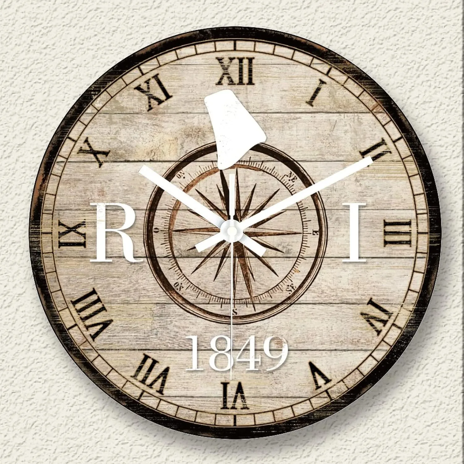 Wooden Wall Clock Shabby Style Clock Battery Operated Silent Non Ticking Wood Clocks Compass Rhode Island Silhouette Roman Number Explorer Beach Clocks Wall Decor
