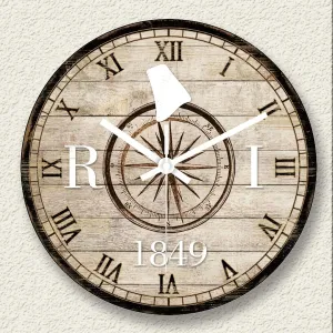 Wooden Wall Clock Shabby Style Clock Battery Operated Silent Non Ticking Wood Clocks Compass Rhode Island Silhouette Roman Number Explorer Beach Clocks Wall Decor