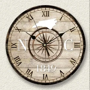 Wooden Wall Clock Vintage Prints Clock Battery Operated Silent Non Ticking Wood Clocks Compass North Carolina Silhouette Roman Number Explorer Beach Themed Clock Bathroom Decor