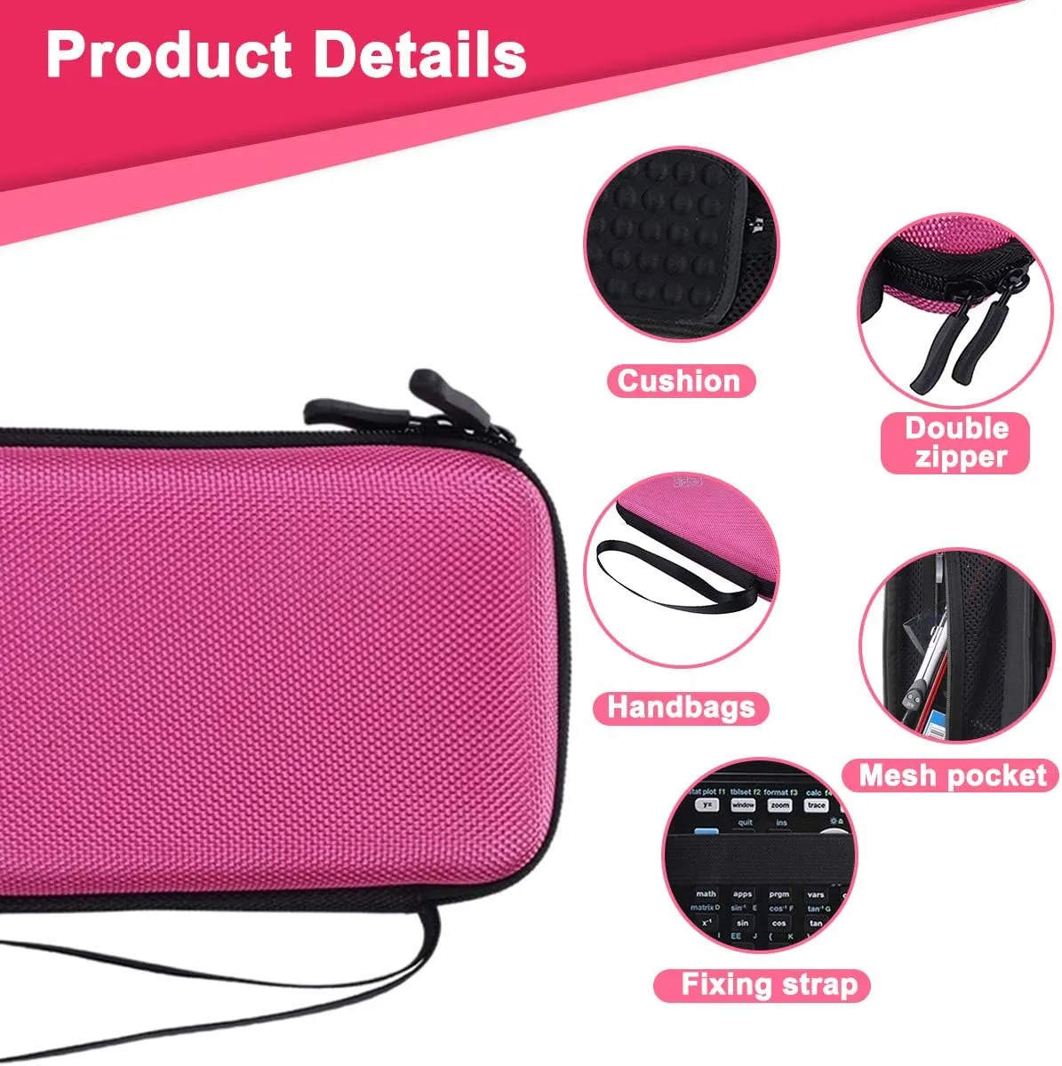 Xberstar Hard EVA Shockproof Carry Case Bag Pouch for Texas Instruments TI-84 Plus CE/Color TI-83 Plus,TI-89 Titanium, HP 50G Graphing, Scientific Financial Calculators (Pink)
