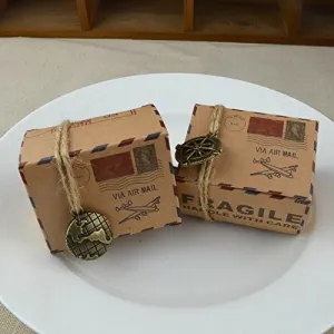 Xiaolanwelc@ 50pcs New Vintage Kraft Paper Candy Box Air Mail Travel Compass Theme Wedding Party Favors Gift Bag Souvenirs scatole Regalo S15 (Earth)