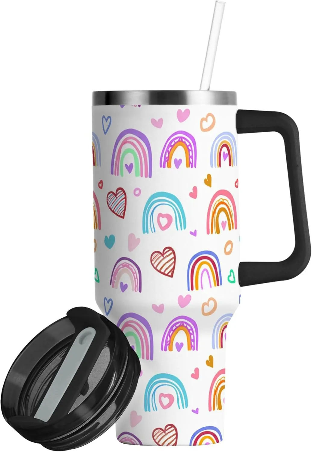 xigua 40 oz Colorful Rainbows Tumbler with Handle and Straw Lid, Stainless Steel Vacuum Insulated Sports Water Bottle, Keeps Cold or Hot Coffee Cup Travel Mug