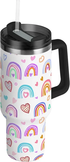 xigua 40 oz Colorful Rainbows Tumbler with Handle and Straw Lid, Stainless Steel Vacuum Insulated Sports Water Bottle, Keeps Cold or Hot Coffee Cup Travel Mug