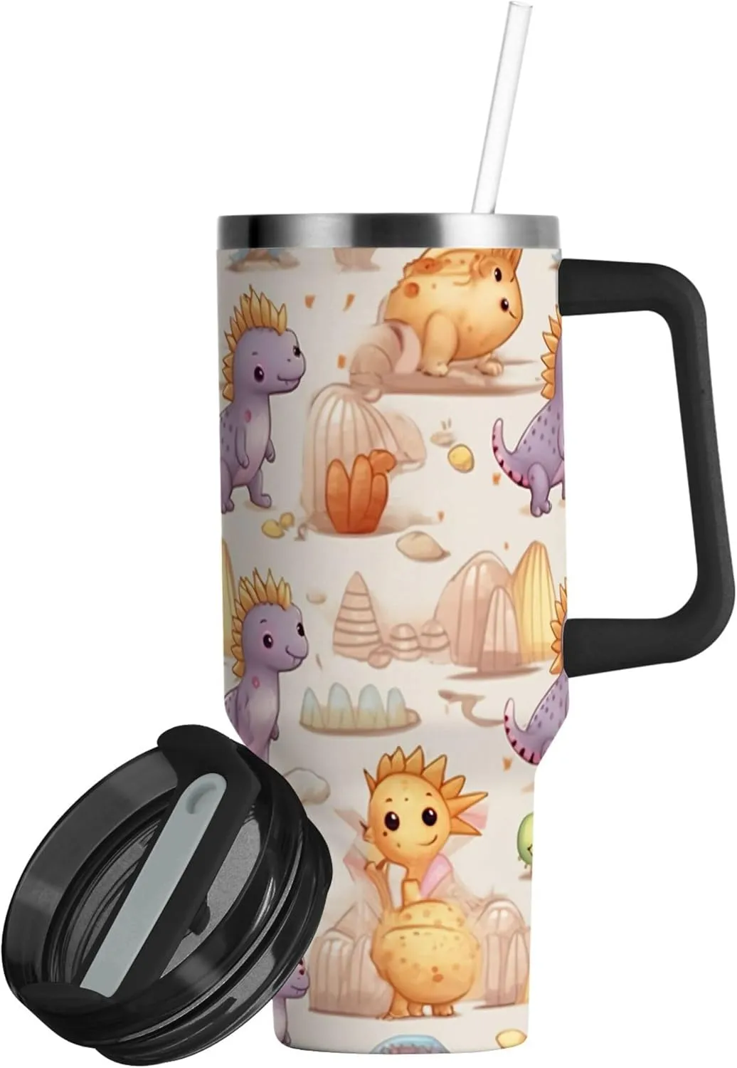 xigua 40 oz Cute Dragons Tumbler with Handle and Straw Lid, Stainless Steel Vacuum Insulated Sports Water Bottle, Keeps Cold or Hot Coffee Cup Travel Mug