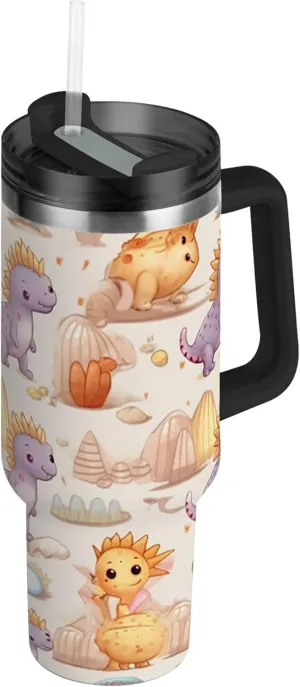 xigua 40 oz Cute Dragons Tumbler with Handle and Straw Lid, Stainless Steel Vacuum Insulated Sports Water Bottle, Keeps Cold or Hot Coffee Cup Travel Mug