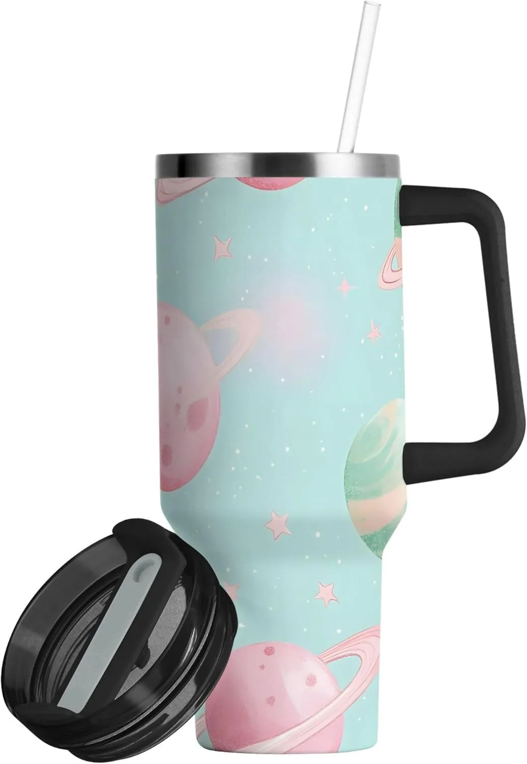 xigua 40 oz Glittery Planets Tumbler with Handle and Straw Lid, Stainless Steel Vacuum Insulated Sports Water Bottle, Keeps Cold or Hot Coffee Cup Travel Mug