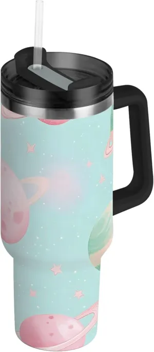 xigua 40 oz Glittery Planets Tumbler with Handle and Straw Lid, Stainless Steel Vacuum Insulated Sports Water Bottle, Keeps Cold or Hot Coffee Cup Travel Mug