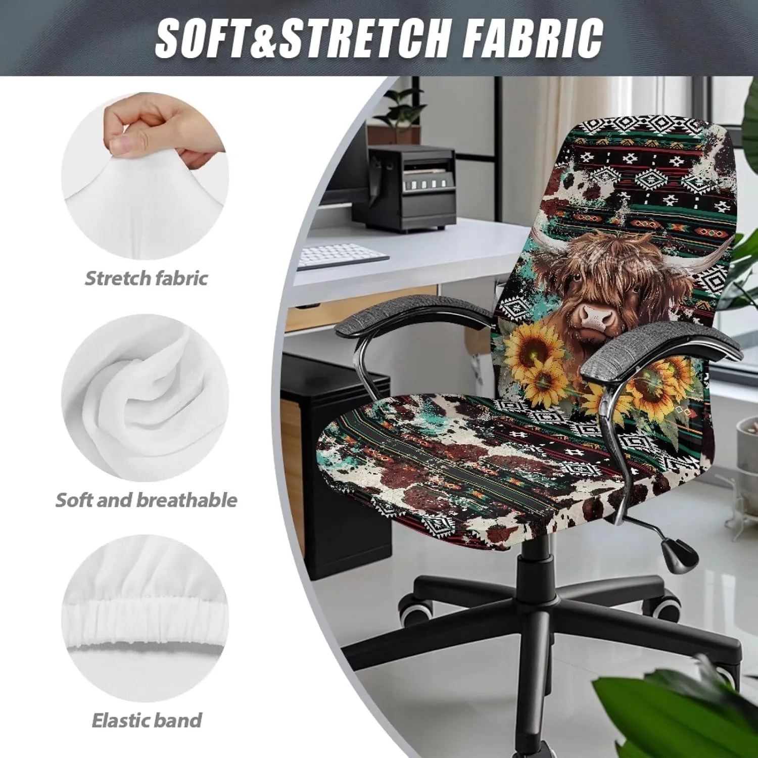Xoenoiee Aztec Highland Cattle Sunflower Print Office Chair Covers, Stretch Computer Chair Cover, Universal Boss Chair Covers Rotating Chair High Back Chair Slipcover for Home Office, Large