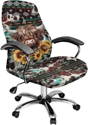 Xoenoiee Aztec Highland Cattle Sunflower Print Office Chair Covers, Stretch Computer Chair Cover, Universal Boss Chair Covers Rotating Chair High Back Chair Slipcover for Home Office, Large