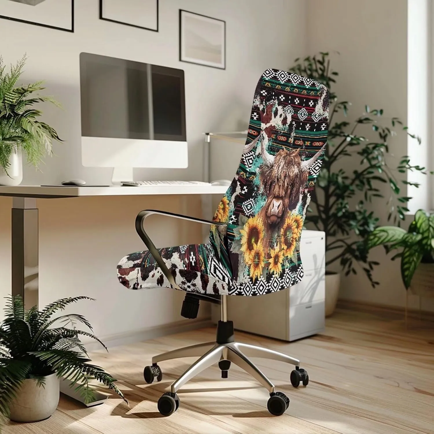 Xoenoiee Aztec Highland Cattle Sunflower Print Office Chair Covers, Stretch Computer Chair Cover, Universal Boss Chair Covers Rotating Chair High Back Chair Slipcover for Home Office, Large