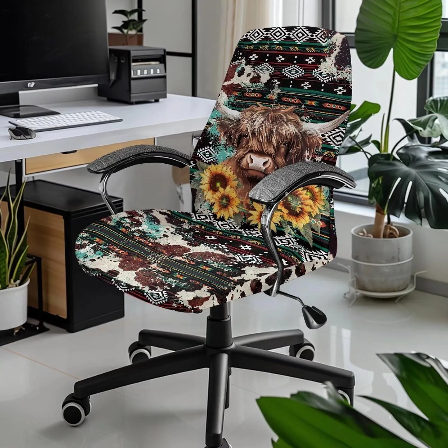 Xoenoiee Aztec Highland Cattle Sunflower Print Office Chair Covers, Stretch Computer Chair Cover, Universal Boss Chair Covers Rotating Chair High Back Chair Slipcover for Home Office, Large