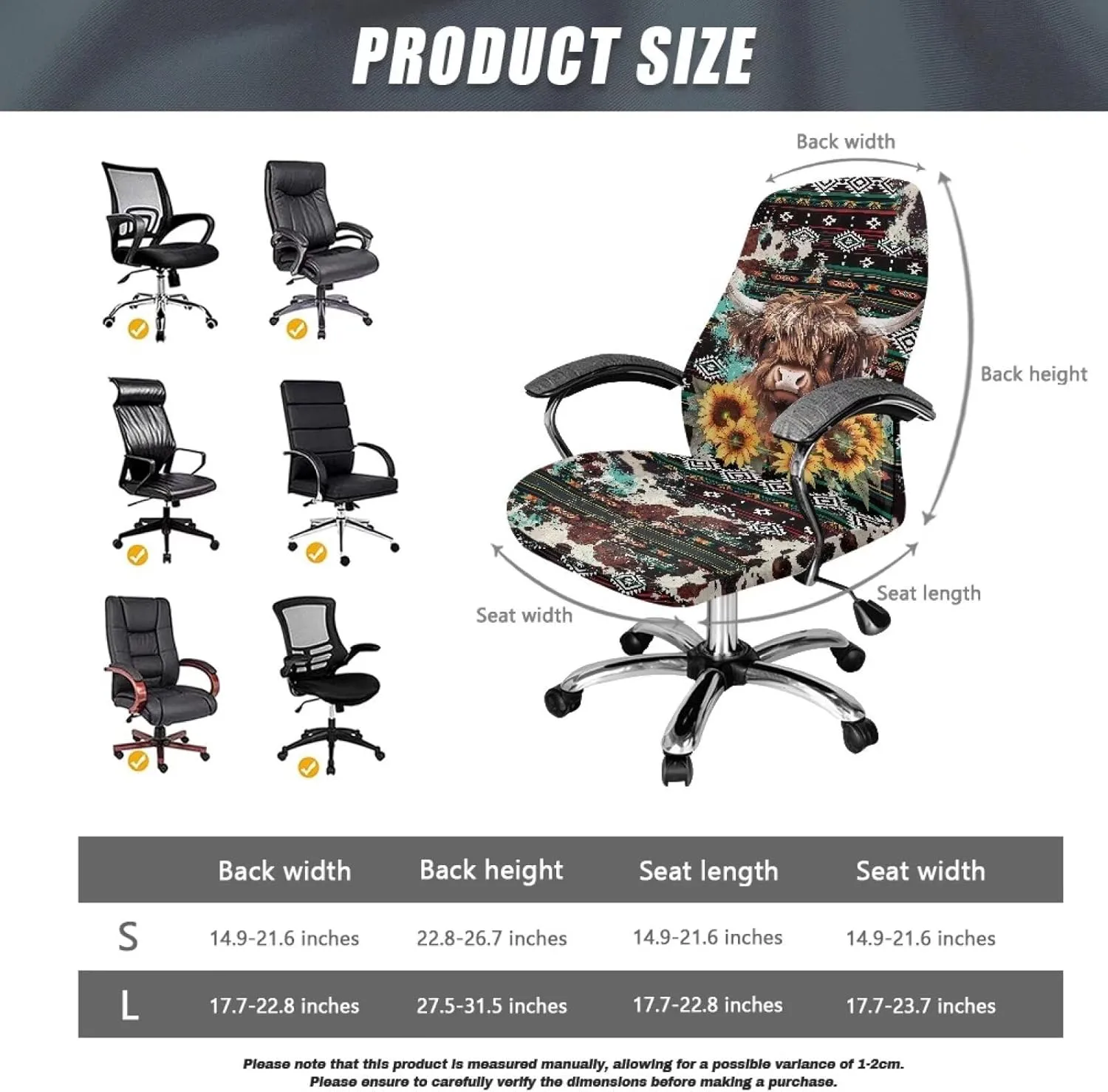 Xoenoiee Aztec Highland Cattle Sunflower Print Office Chair Covers, Stretch Computer Chair Cover, Universal Boss Chair Covers Rotating Chair High Back Chair Slipcover for Home Office, Large