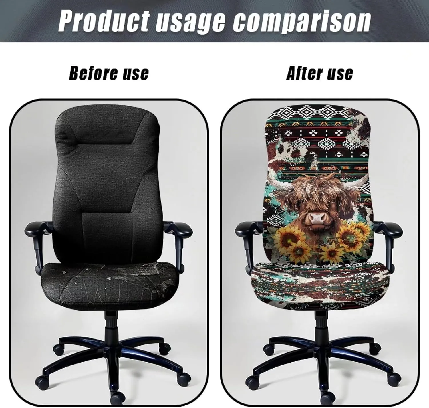 Xoenoiee Aztec Highland Cattle Sunflower Print Office Chair Covers, Stretch Computer Chair Cover, Universal Boss Chair Covers Rotating Chair High Back Chair Slipcover for Home Office, Large