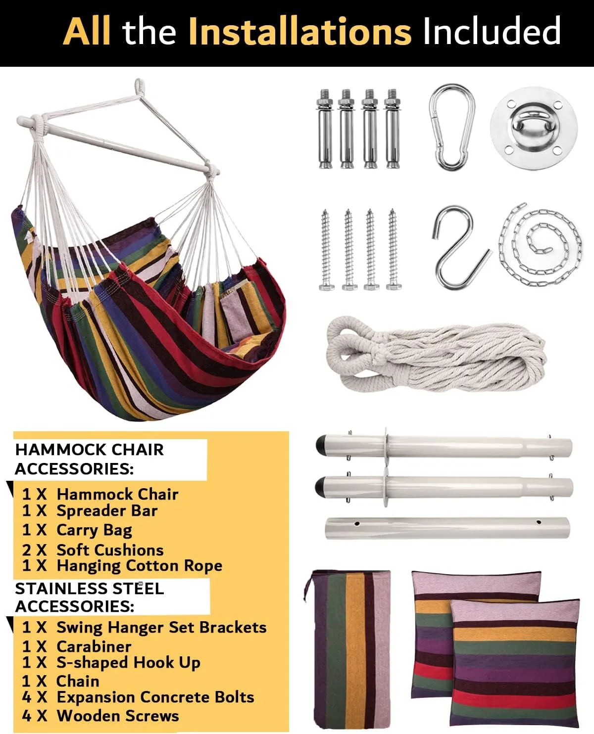 XXL Hammock Chair Hanging Rope Swing with 2 Cushions - Max 500lbs-Perfect for Patio, Porch, Bedroom, Backyard, Indoor or Outdoor - Includes Hanging Hardware Kits Rainbow