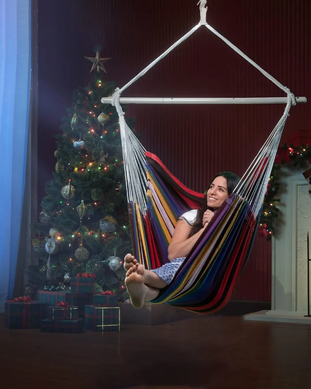 XXL Hammock Chair Hanging Rope Swing with 2 Cushions - Max 500lbs-Perfect for Patio, Porch, Bedroom, Backyard, Indoor or Outdoor - Includes Hanging Hardware Kits Rainbow