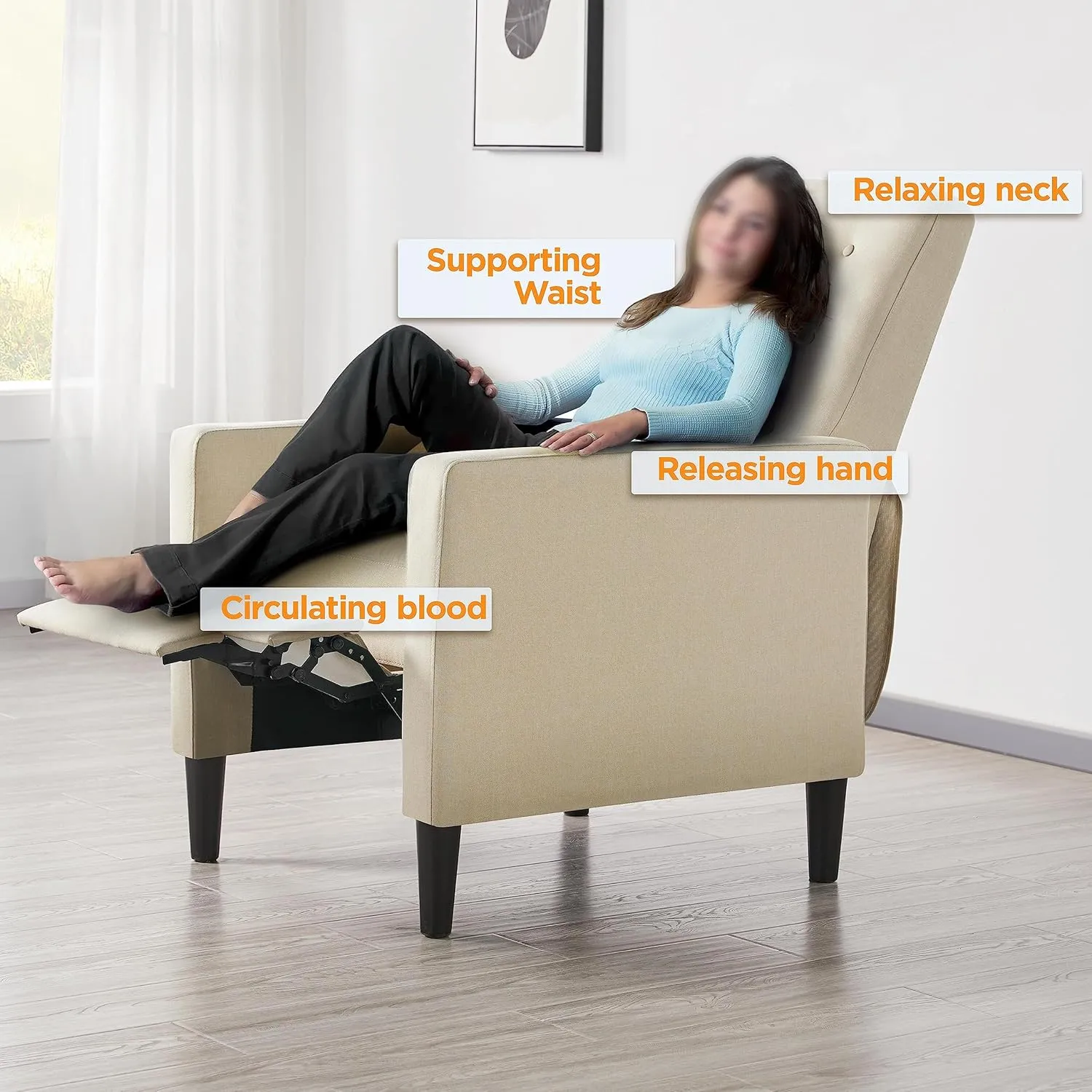 Yaheetech Fabric Recliner Chair Mid-Century Modern Recliner Adjustable Single Recliner Sofa with Thicker Seat Cushion Tufted Upholstered Sofa with Pocket Spring for Living Room Bedroom Beige