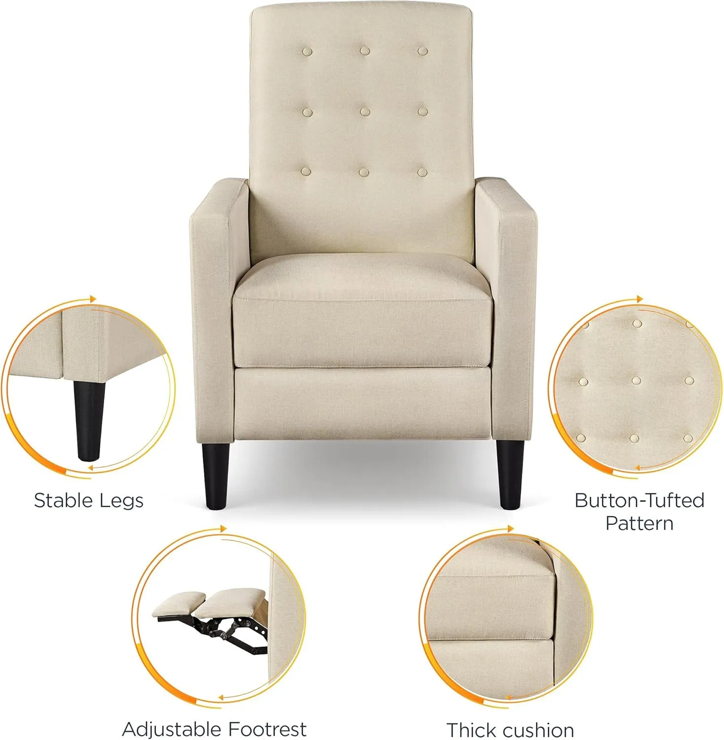 Yaheetech Fabric Recliner Chair Mid-Century Modern Recliner Adjustable Single Recliner Sofa with Thicker Seat Cushion Tufted Upholstered Sofa with Pocket Spring for Living Room Bedroom Beige
