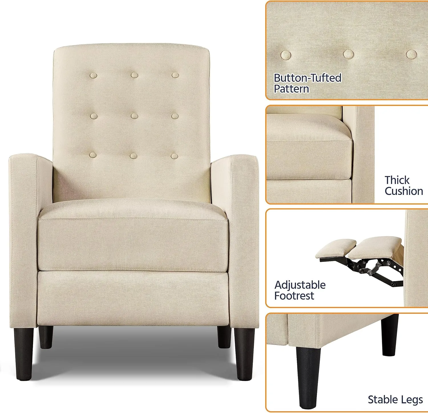 Yaheetech Fabric Recliner Chair Mid-Century Modern Recliner Adjustable Single Recliner Sofa with Thicker Seat Cushion Tufted Upholstered Sofa with Pocket Spring for Living Room Bedroom Beige