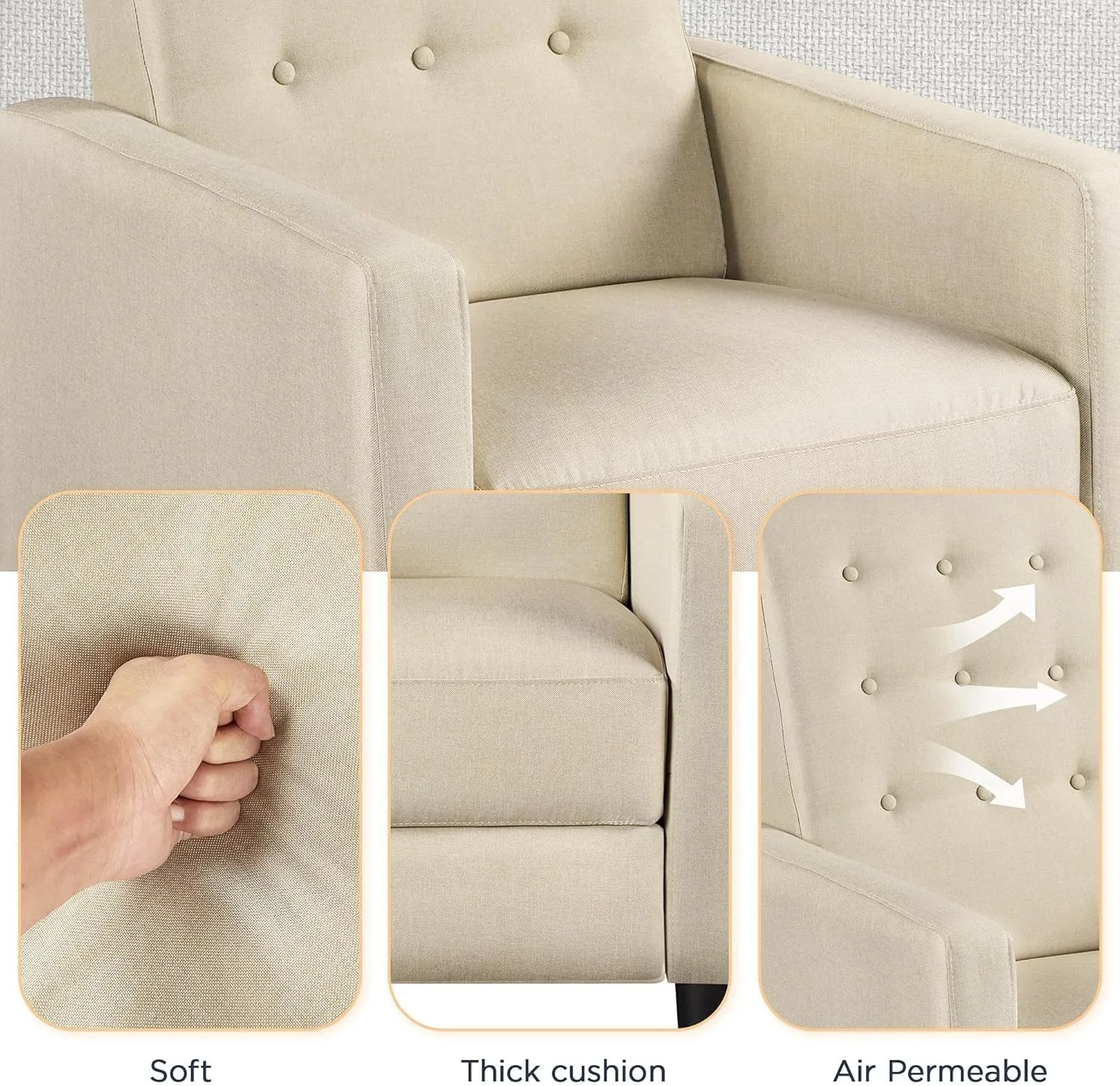 Yaheetech Fabric Recliner Chair Mid-Century Modern Recliner Adjustable Single Recliner Sofa with Thicker Seat Cushion Tufted Upholstered Sofa with Pocket Spring for Living Room Bedroom Beige
