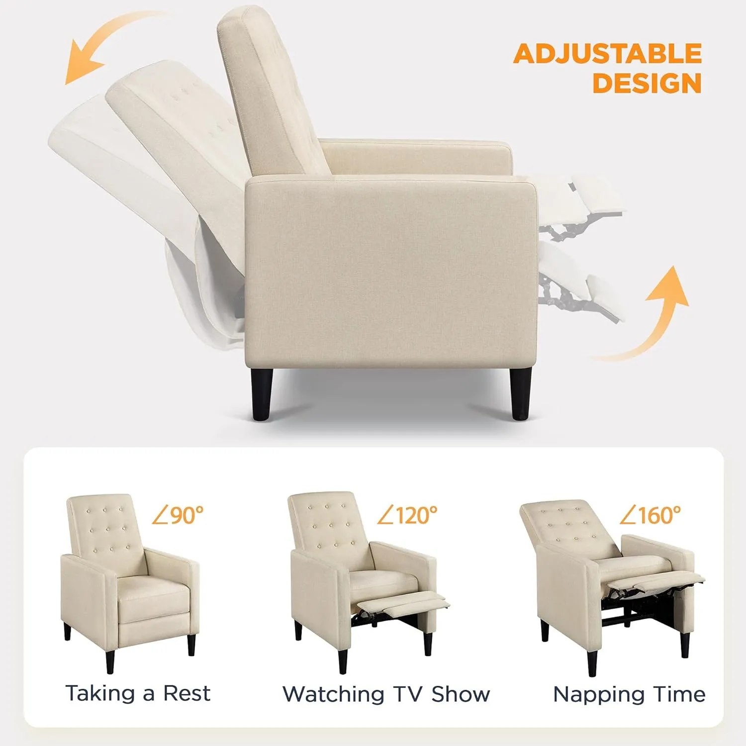 Yaheetech Fabric Recliner Chair Mid-Century Modern Recliner Adjustable Single Recliner Sofa with Thicker Seat Cushion Tufted Upholstered Sofa with Pocket Spring for Living Room Bedroom Beige