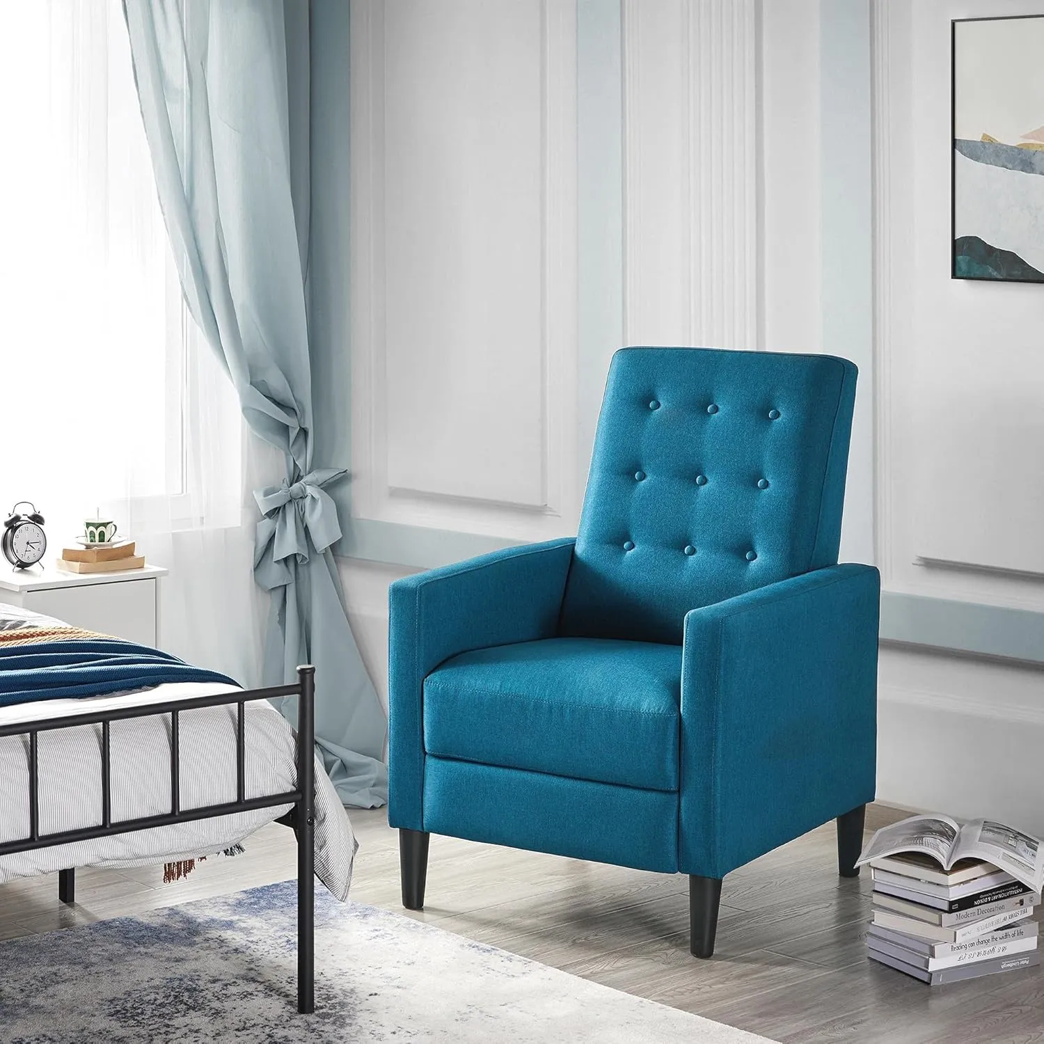 Yaheetech Fabric Recliner Chair Mid-Century Modern Recliner Adjustable Single Recliner Sofa with Thicker Seat Cushion Tufted Upholstered Sofa with Pocket Spring for Living Room Bedroom Blue